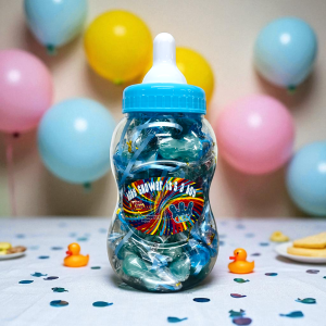 40 x Blue Candy Dummies in Baby Bottle Tub – Baby Shower Favours