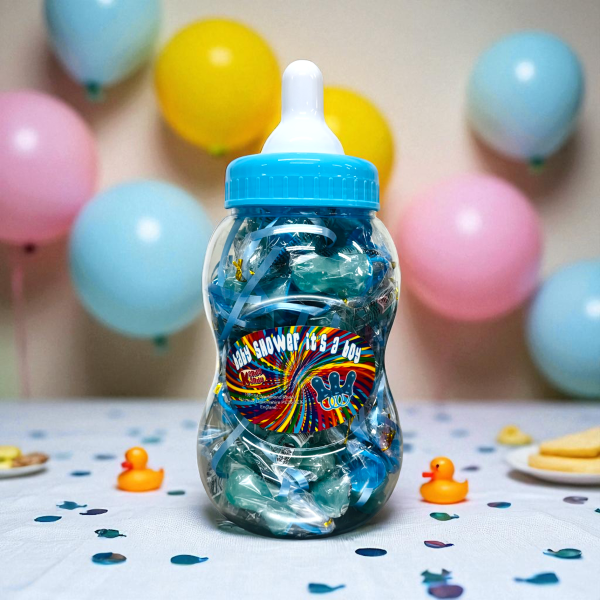 40 x Blue Candy Dummies in Baby Bottle Tub – Baby Shower Favours